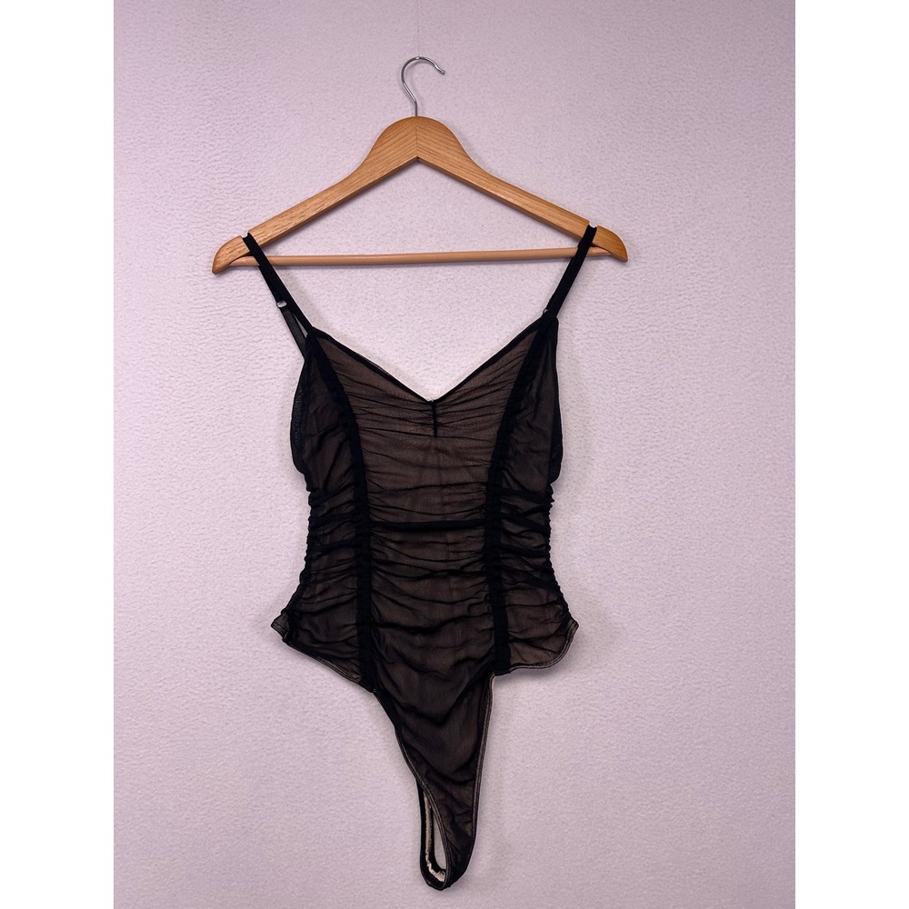 Coquette Indie Out From Under Womens Medium Black Ruched Mesh Thong Bodysuit